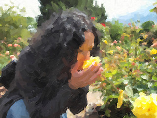 Image showing Pretty brunette smelling roses oil paint