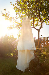 Image showing Wedding dress hanging from a tree