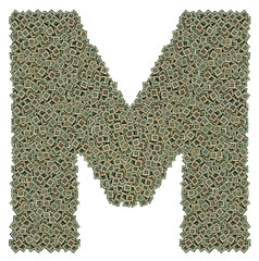 Image showing letter M made of old and dirty microprocessors, isolated on white background