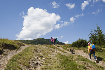 Image showing Happy hikers in mountains