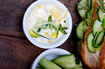 Image showing fresh vegetarian sandwich with garlic cheese dip salad