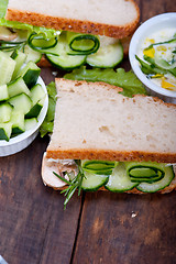 Image showing fresh vegetarian sandwich with garlic cheese dip salad