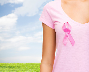 Image showing close up of woman with cancer awareness ribbon