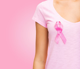 Image showing close up of woman with cancer awareness ribbon