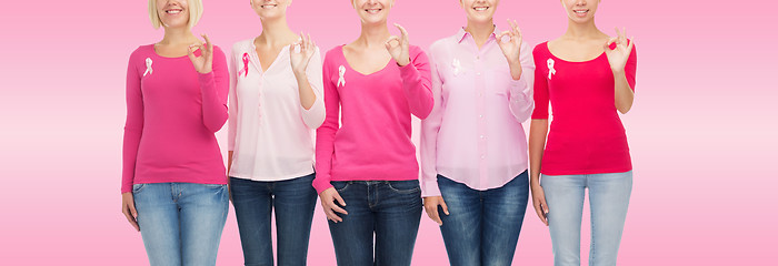 Image showing close up of women with cancer awareness ribbons