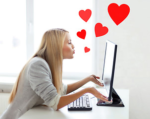 Image showing woman sending kisses with computer monitor