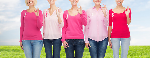 Image showing close up of women with cancer awareness ribbons