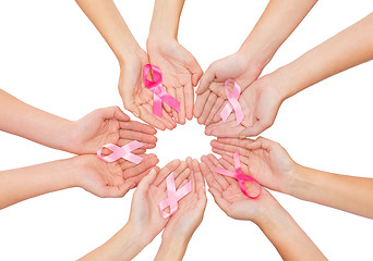 Image showing close up of hands with cancer awareness symbol