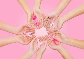 Image showing close up of hands with cancer awareness symbol