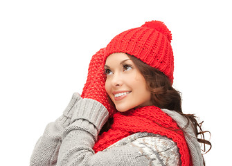 Image showing beautiful asian woman in hat, scarf and mittens