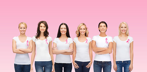 Image showing smiling women with pink cancer awareness ribbons