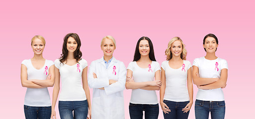 Image showing smiling women with pink cancer awareness ribbons