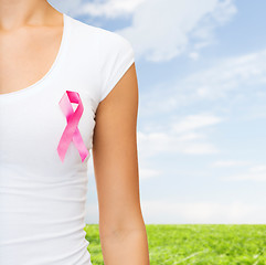 Image showing close up of woman with cancer awareness ribbon