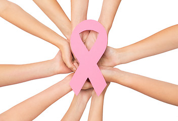 Image showing close up of hands with cancer awareness symbol