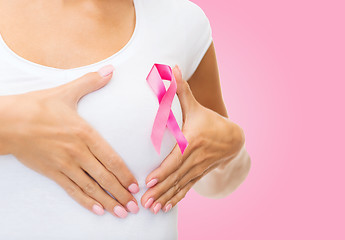 Image showing close up of woman with cancer awareness ribbon