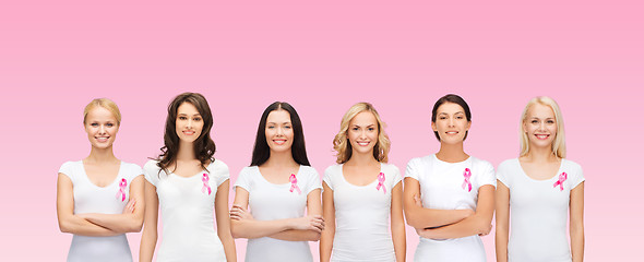 Image showing smiling women with pink cancer awareness ribbons