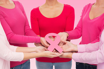 Image showing close up of women with cancer awareness ribbons