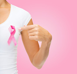 Image showing close up of woman with cancer awareness ribbon