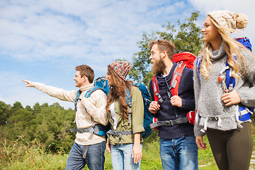 Image showing group of smiling friends with backpacks hiking