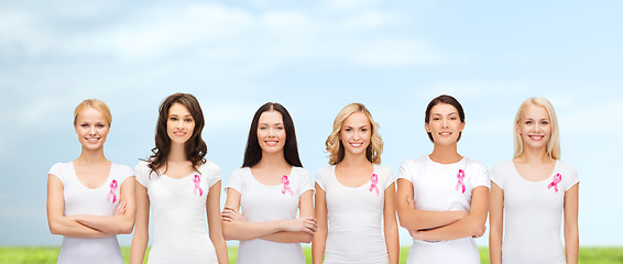 Image showing smiling women with pink cancer awareness ribbons