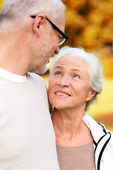 Image showing senior couple hugging in city park