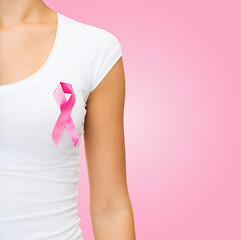 Image showing close up of woman with cancer awareness ribbon