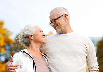 Image showing senior couple hugging in city park