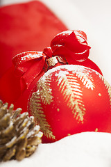 Image showing Christmas ball with red bow and ribbon