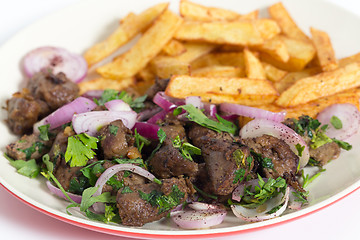 Image showing Albanian liver with fries closeup