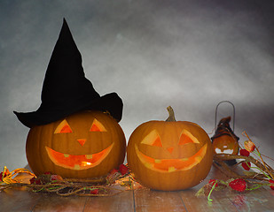 Image showing close up of pumpkins on table