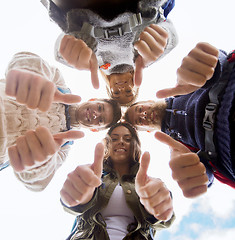 Image showing group of smiling friends with backpacks hiking