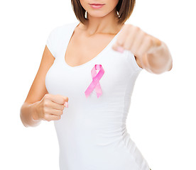 Image showing woman with pink cancer ribbon