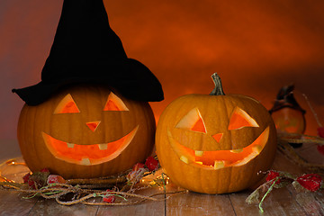 Image showing close up of pumpkins on table