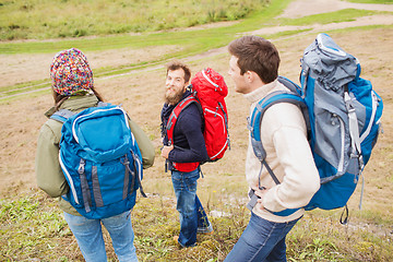 Image showing group of smiling friends with backpacks hiking