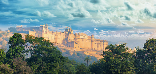 Image showing India landmarks - panorama with Amber fort. Jaipur city