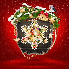 Image showing Wooden banner with Christmas Fur-tree branches.