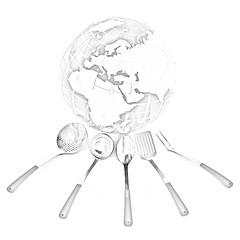 Image showing cutlery on white background around Earth