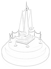 Image showing Gold scales of justice on 3d carpeting podium with gold handrail