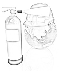 Image showing Red fire extinguisher and hardhat on earth