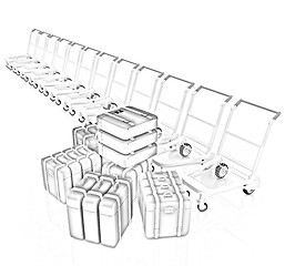 Image showing Trolleys for luggages at the airport and luggages 