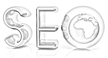 Image showing Blue metallic text 'SEO' with earth globe, symbol. 3d illustrati