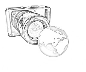 Image showing 3d illustration of photographic camera and Earth