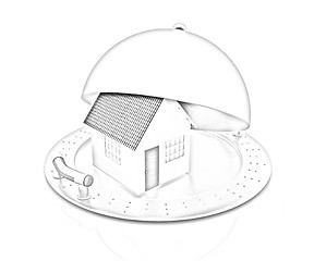Image showing house on restaurant cloche isolated on white background 