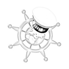 Image showing Steering wheel with Earth, and marine cap . Trip around the worl