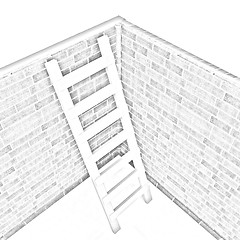 Image showing Ladder leans on brick wall 