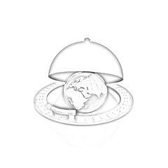 Image showing Earth globe on glossy silver dish under food cover