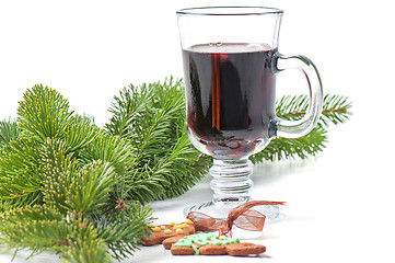 Image showing Red mulled wine and different decorations