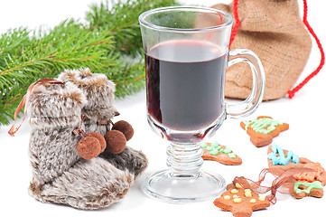 Image showing Red mulled wine and different decorations