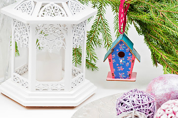 Image showing Christmas toy birdhouses and other decorations