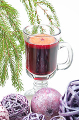 Image showing Red mulled wine and xmas decorations